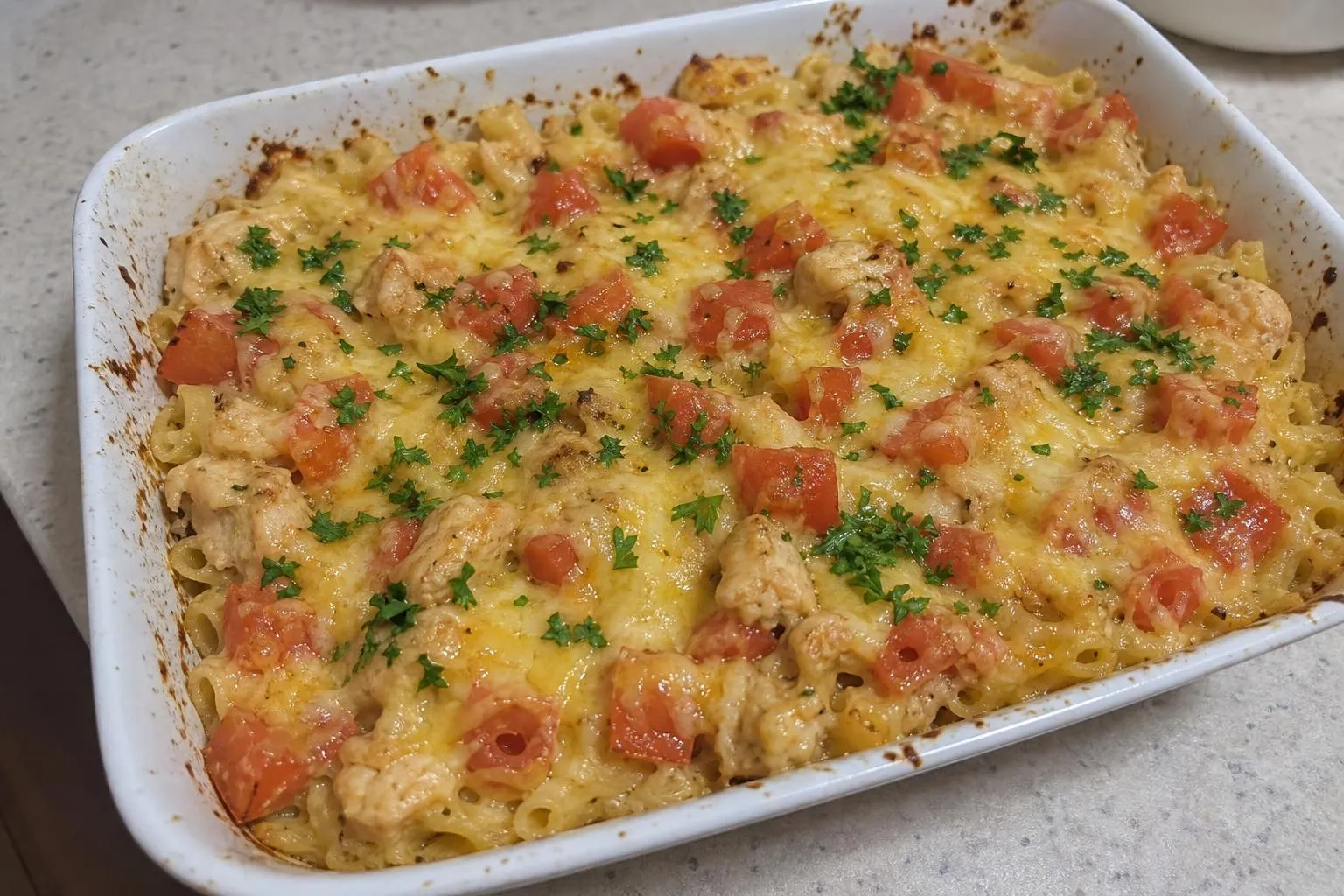 Запеканка из макарон с курицей и помидорами
