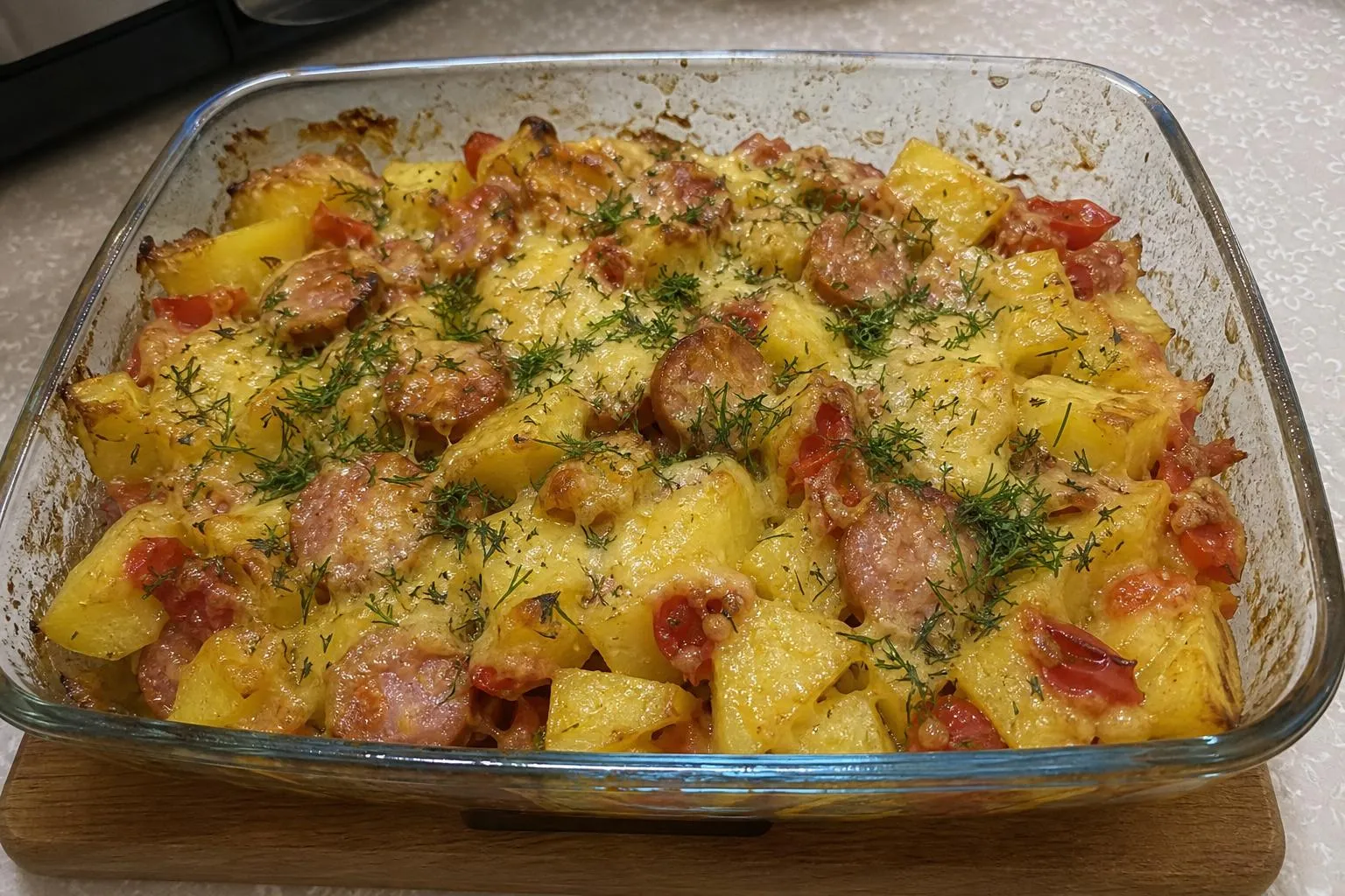 Картошка, запечённая с сосисками, помидорами и сыром